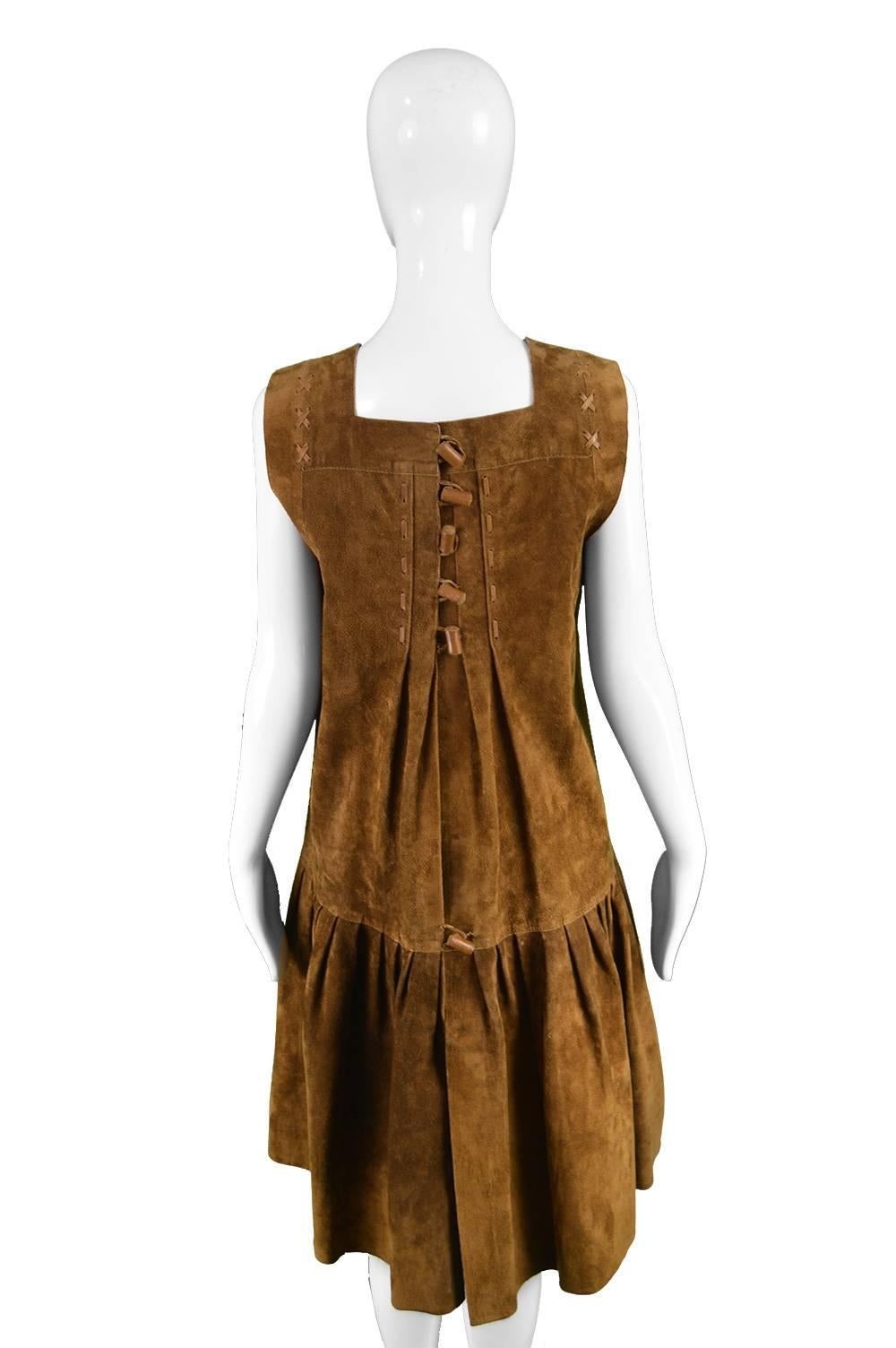 Jean Muir Brown Suede Vintage Sleeveless Pinafore Dress / Jacket, 1970s 2