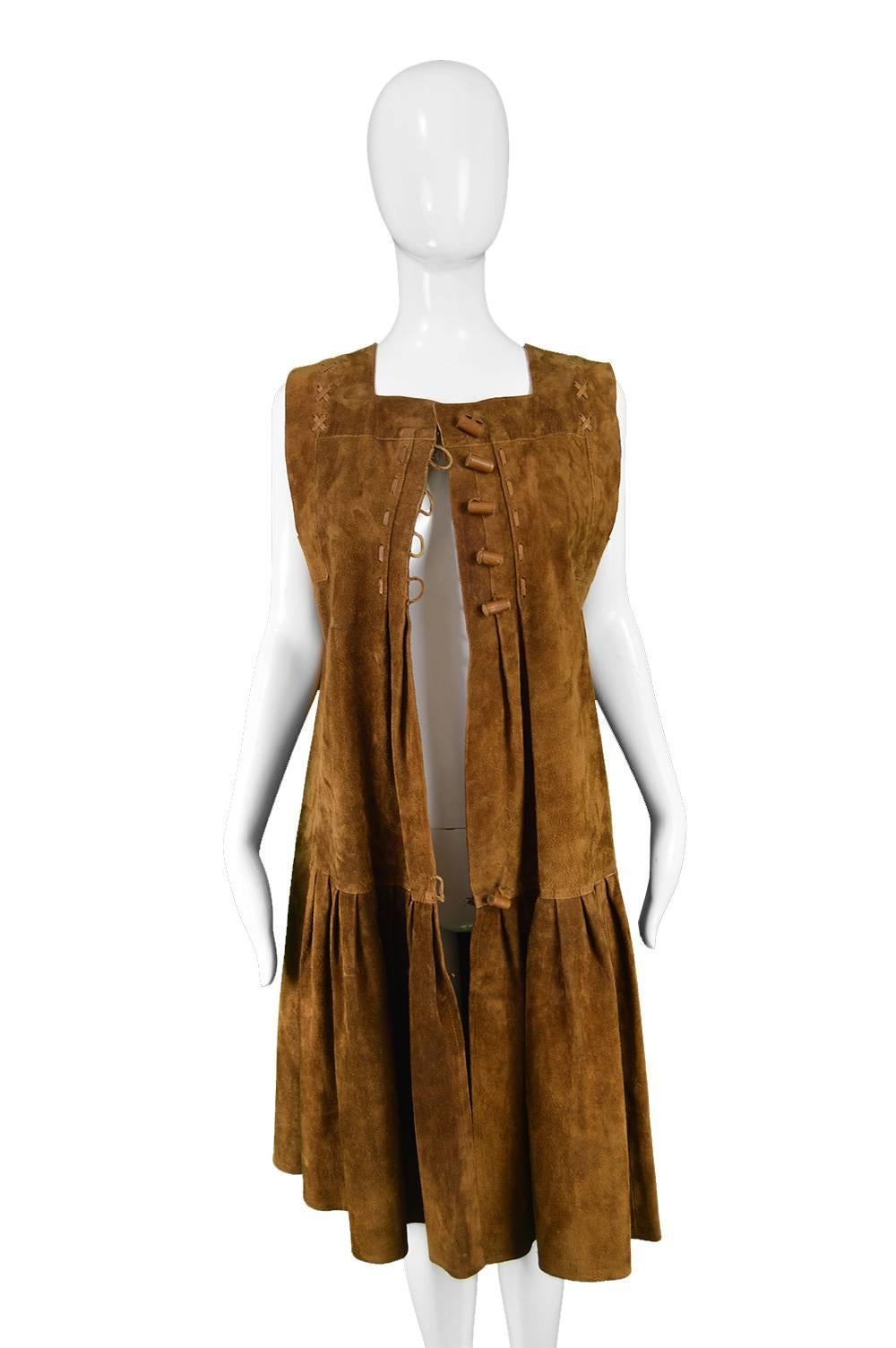 Jean Muir Brown Suede Vintage Sleeveless Pinafore Dress / Jacket, 1970s 4
