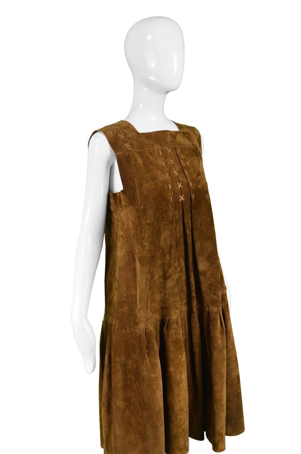 Jean Muir Brown Suede Vintage Sleeveless Pinafore Dress / Jacket, 1970s 1