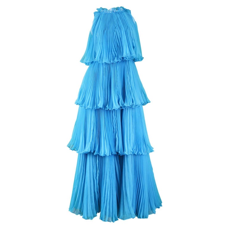 Jean Varon Documented Turquoise Blue Tiered Pleated Chiffon Evening ...