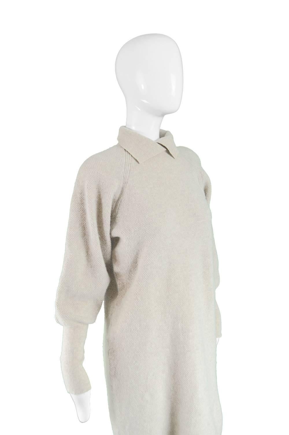 Women's Kenzo Vintage Cream Wool Knit Leg-of-Mutton Sleeve Sweater Shift Dress, 1980s