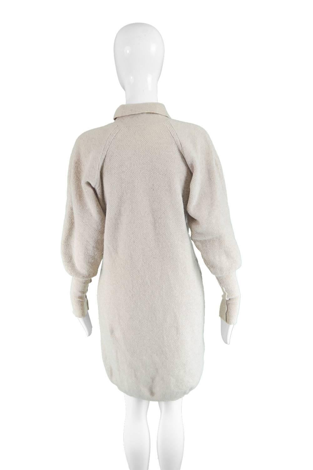 Kenzo Vintage Cream Wool Knit Leg-of-Mutton Sleeve Sweater Shift Dress, 1980s 2