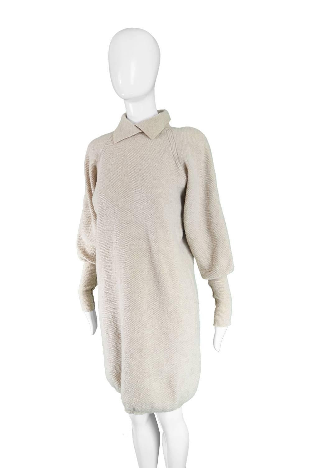 Kenzo Vintage Cream Wool Knit Leg-of-Mutton Sleeve Sweater Shift Dress, 1980s In Excellent Condition In Doncaster, South Yorkshire