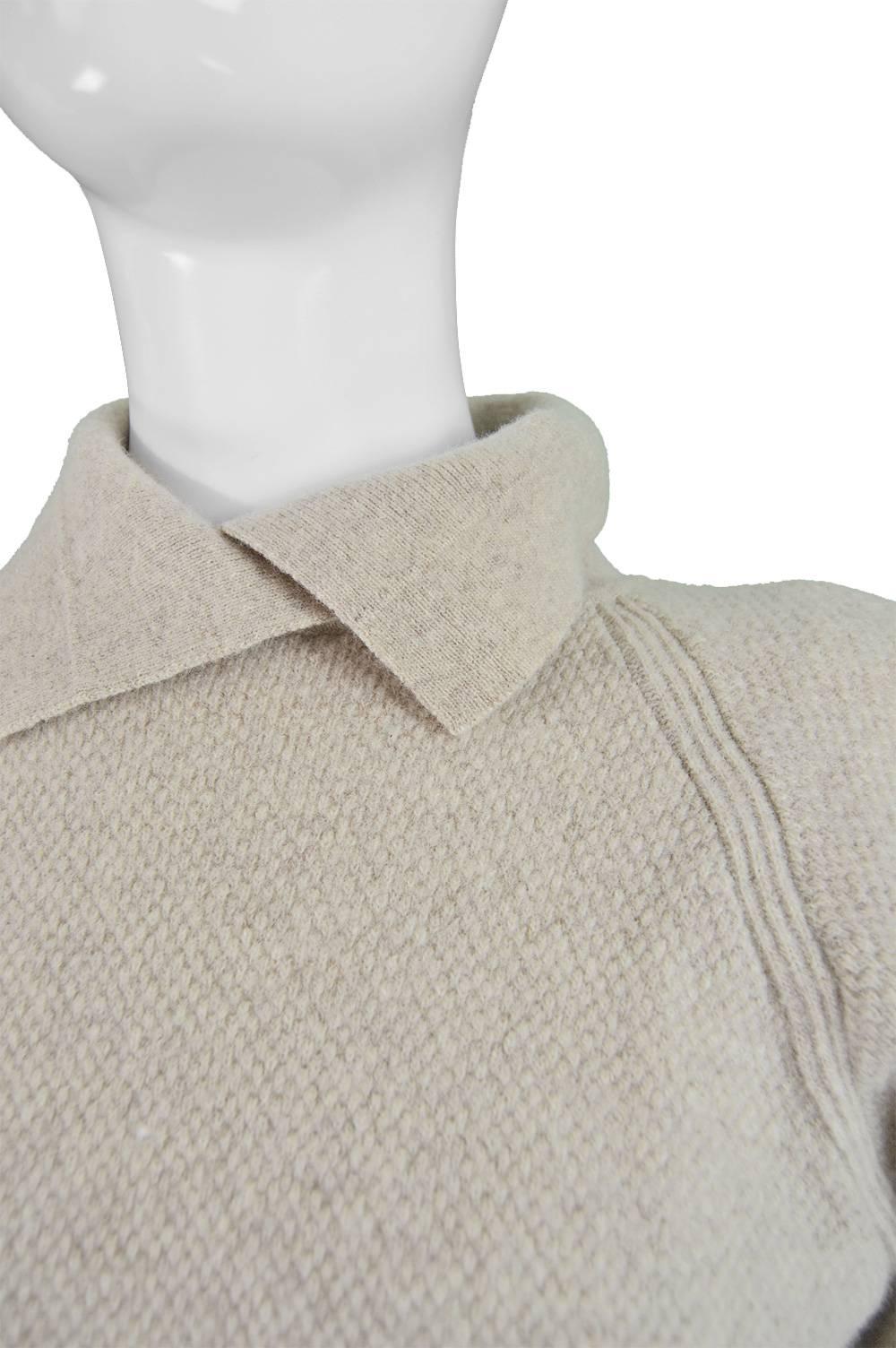 Beige Kenzo Vintage Cream Wool Knit Leg-of-Mutton Sleeve Sweater Shift Dress, 1980s