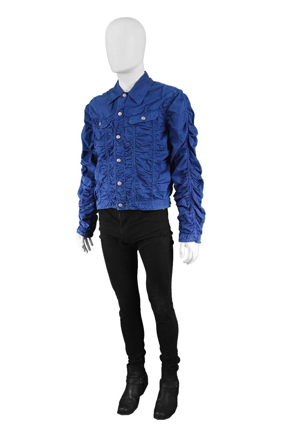 Jean Paul Gaultier Men's Vintage Ruched Blue Cotton Jacket, 1990s  For Sale 2