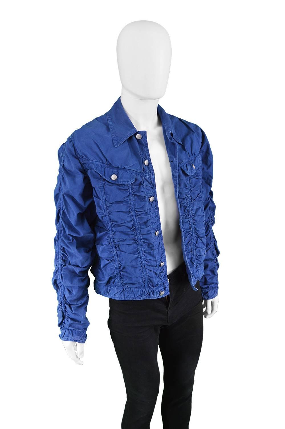 Jean Paul Gaultier Men's Vintage Ruched Blue Cotton Jacket, 1990s  For Sale 3
