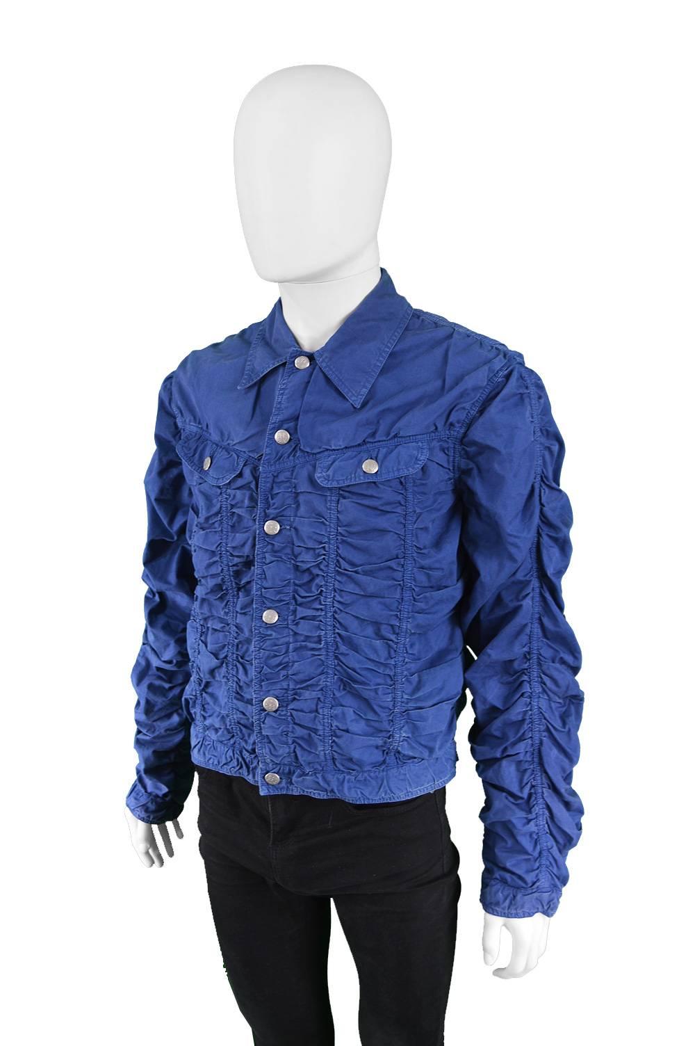 Jean Paul Gaultier Men's Vintage Ruched Blue Cotton Jacket, 1990s  In Excellent Condition For Sale In Doncaster, South Yorkshire