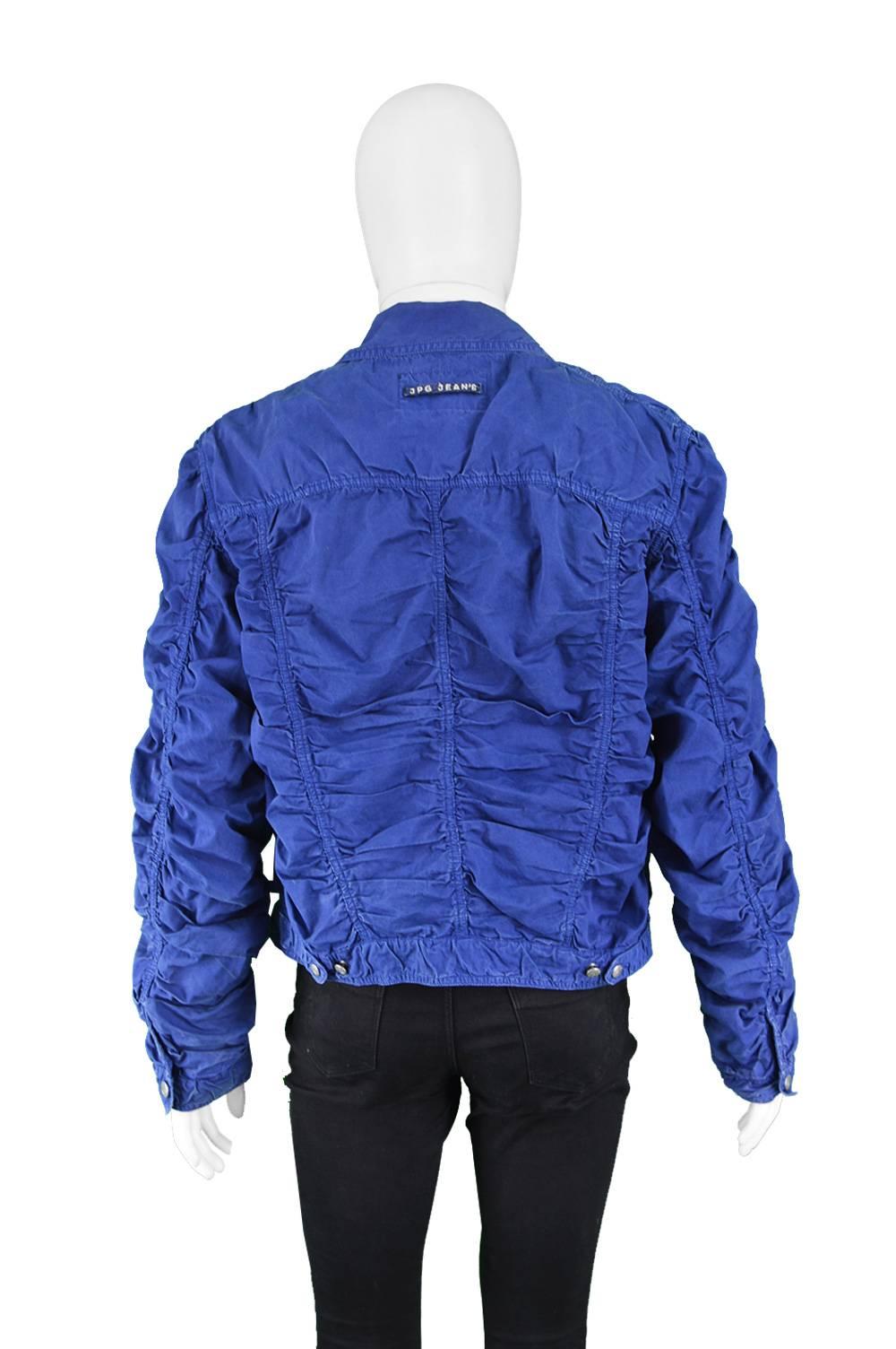 Jean Paul Gaultier Men's Vintage Ruched Blue Cotton Jacket, 1990s  For Sale 4