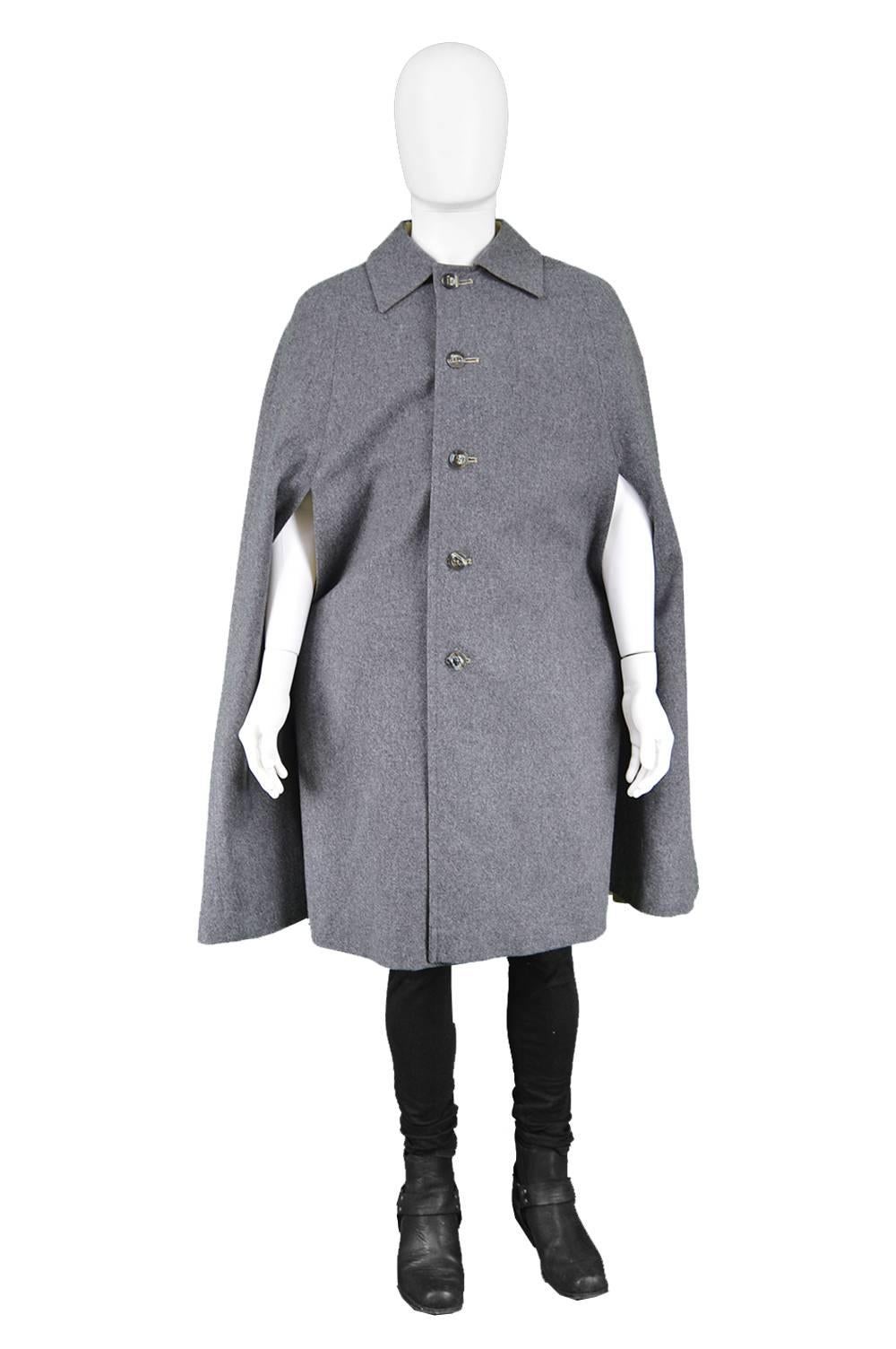 Women's or Men's Vintage Men's Reversible Cotton Gabardine & Gray Wool Trench Cape Coat, 1980s For Sale