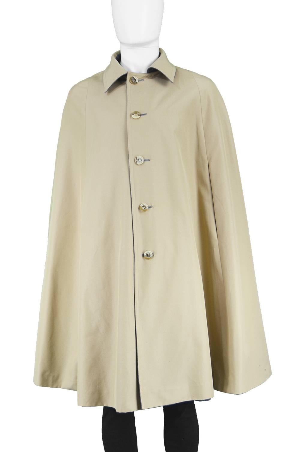 Beige Vintage Men's Reversible Cotton Gabardine & Gray Wool Trench Cape Coat, 1980s For Sale