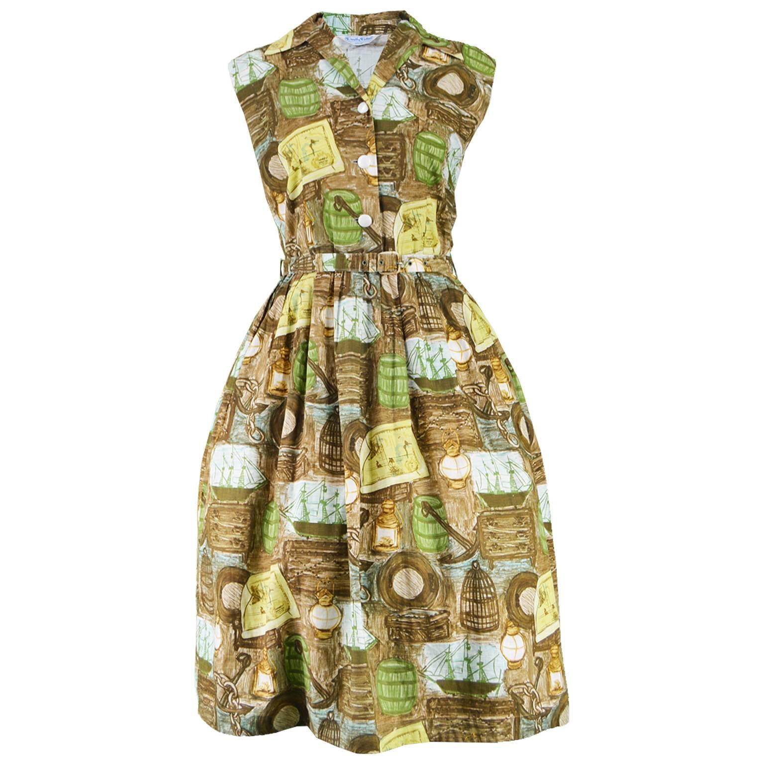Novelty Print Nautical Theme Brown and Green Vintage Cotton Dress, 1950s  For Sale
