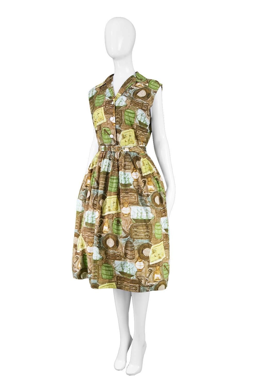 Women's Novelty Print Nautical Theme Brown and Green Vintage Cotton Dress, 1950s  For Sale