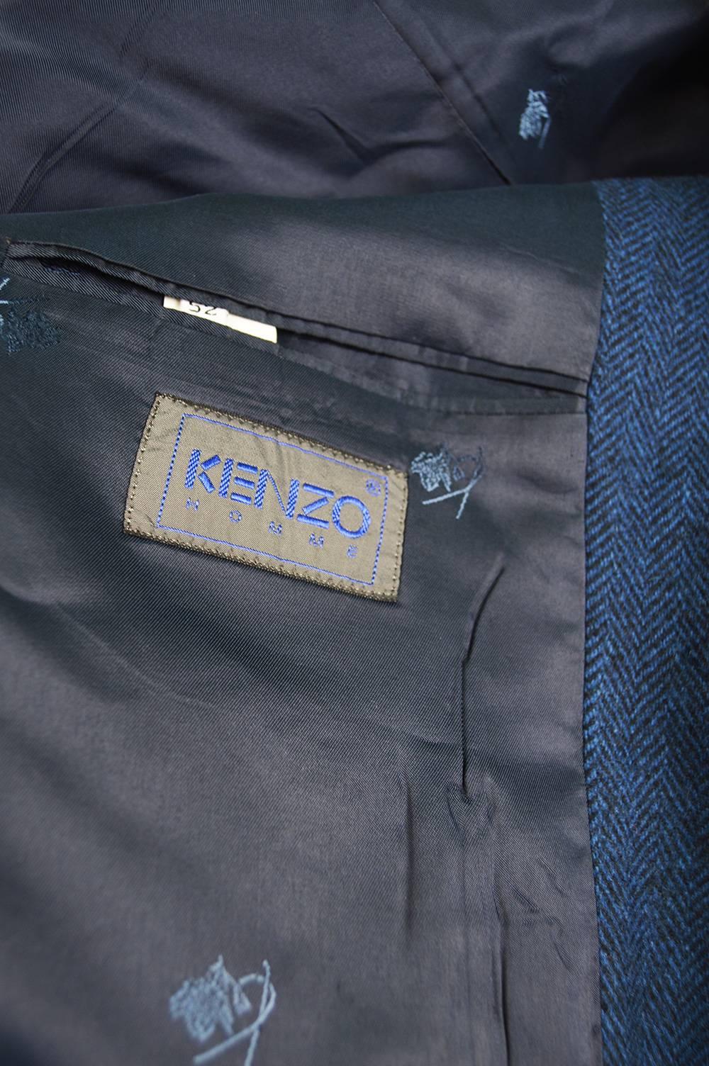 Kenzo Men's Vintage Blue Herringbone Wool Blazer with Suede Details, 1980s 5