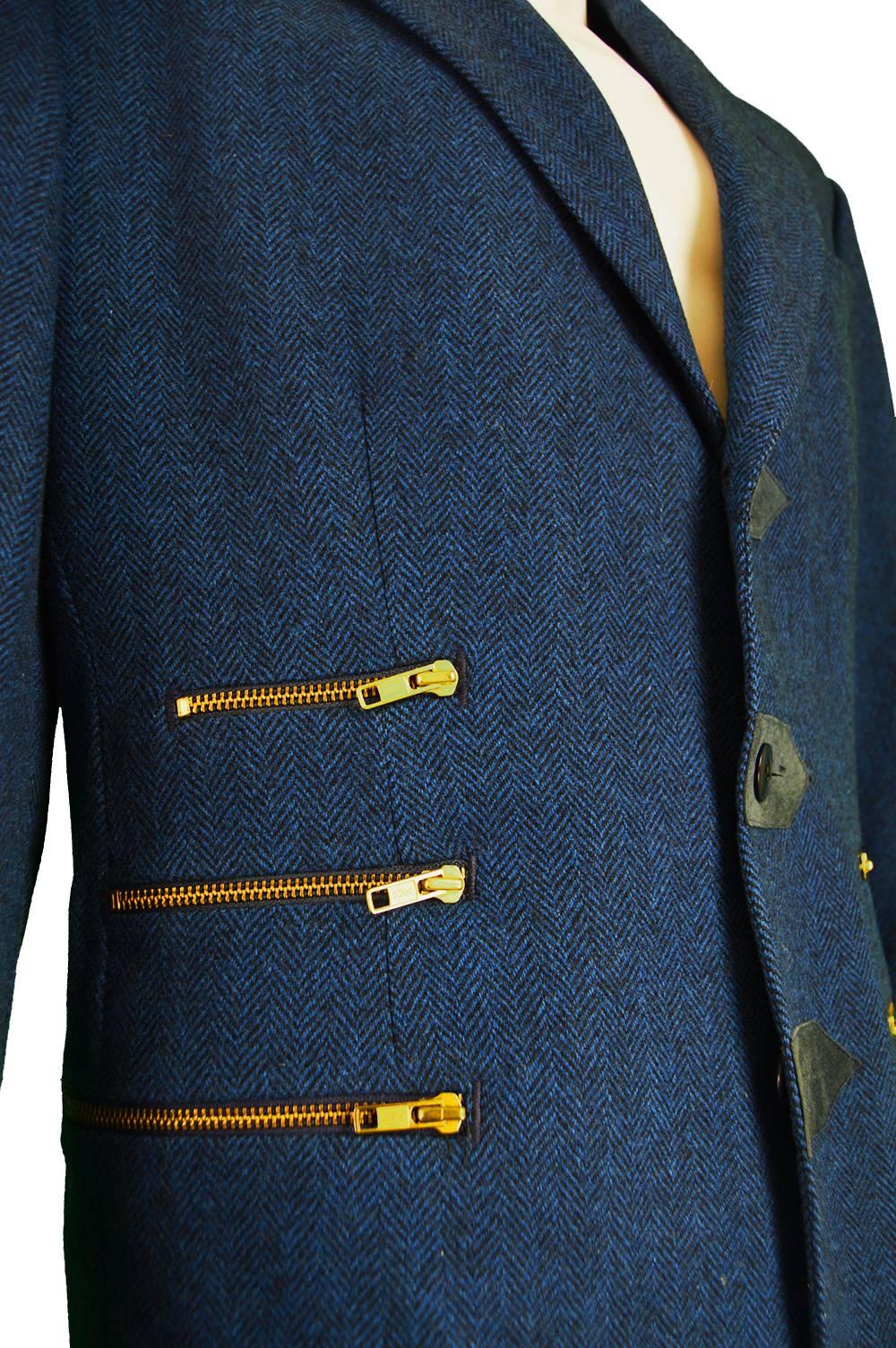 Kenzo Men's Vintage Blue Herringbone Wool Blazer with Suede Details, 1980s 3