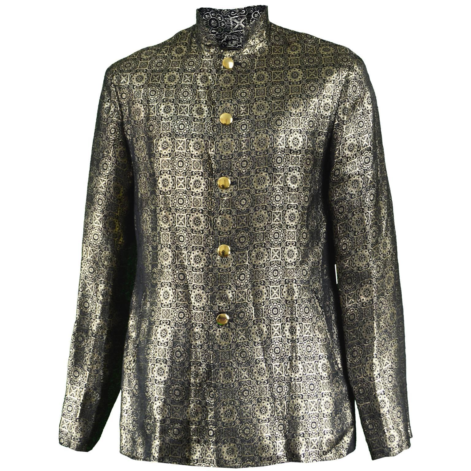 Men's Vintage Metallic Gold Brocade Nehru Collar Mod Jacket, 1960s  For Sale