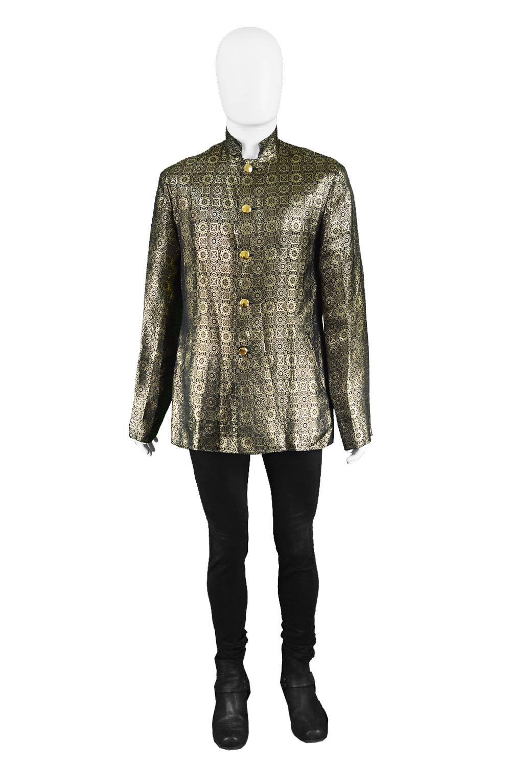 Vintage 1960s Men's Metallic Gold Brocade Nehru Collar Rare Mod Jacket

Estimated Size: Men's Medium. would suit a taller man due to long sleeves (or you could have it tailored). Please check measurements. 
Chest - 40” / 101cm
Length (Shoulder to
