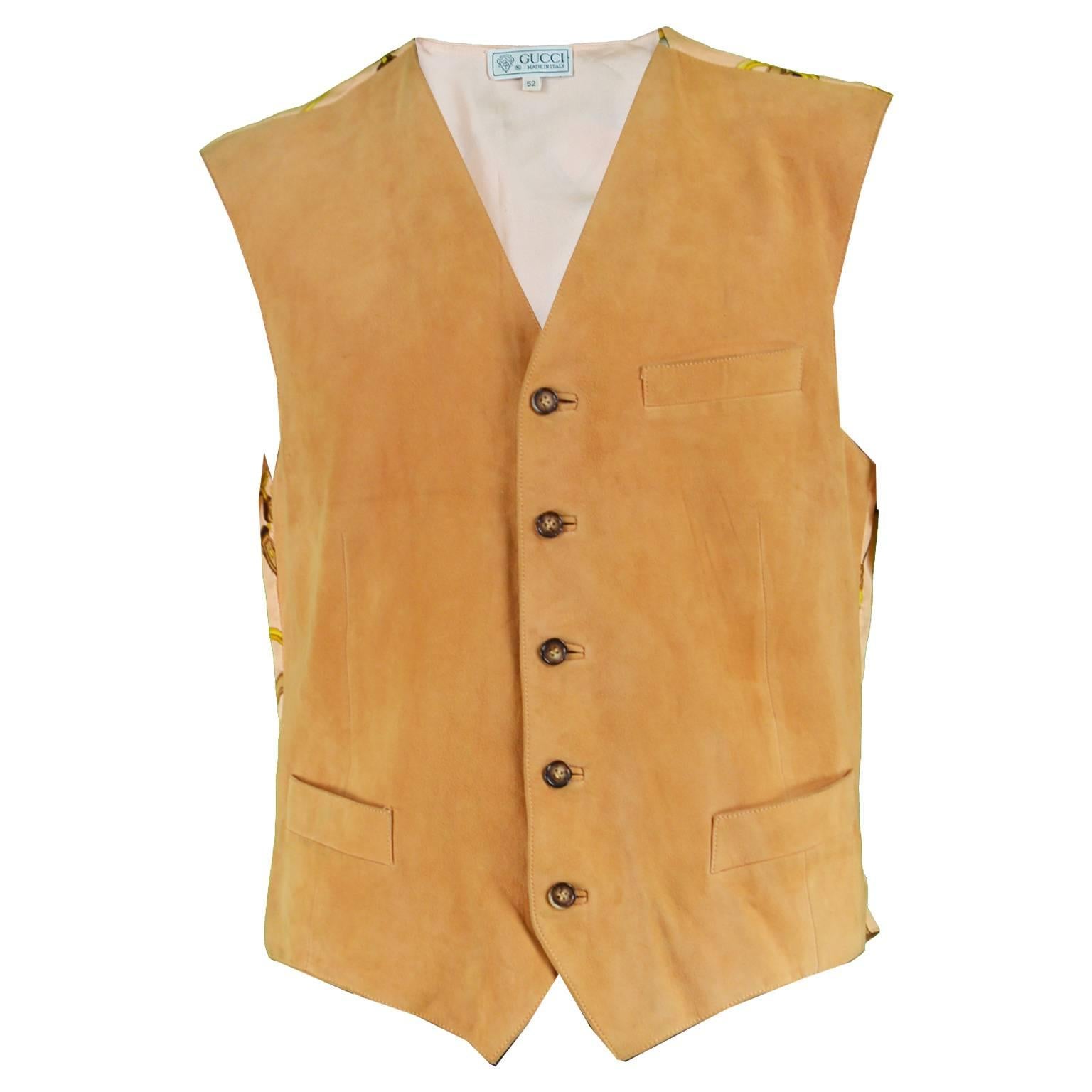 Gucci Vintage Men's Patterned Silk and Italian Suede Leather Vest, 1980s