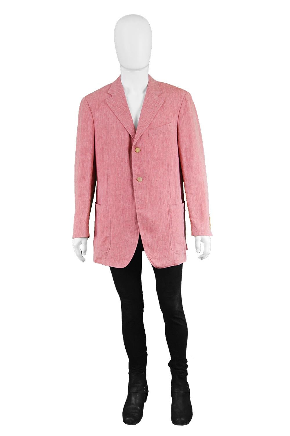 Canali for Holt Renfrew Men's Salmon Pink Linen Sport Coat Blazer Jacket 44R

Size: Marked 54R which is roughly a men's XL. Please check measurements 
Chest - 42” / 106cm
Waist - 42” / 106cm
Length (Shoulder to Hem) - 30” / 76cm
Shoulder to Shoulder