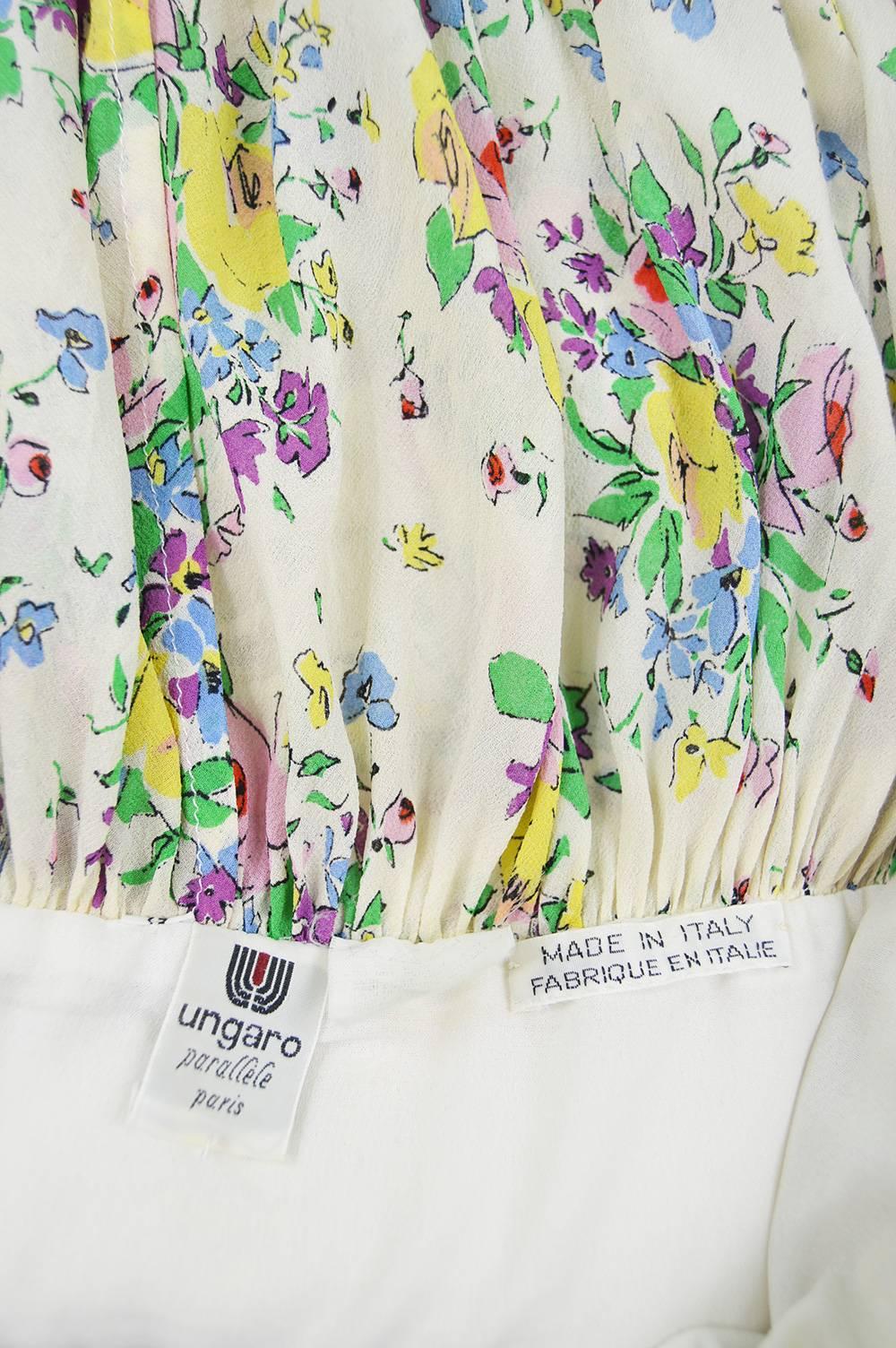 Emanuel Ungaro Vintage Off White Plunging Floral Chiffon Party Dress, 1980s 5