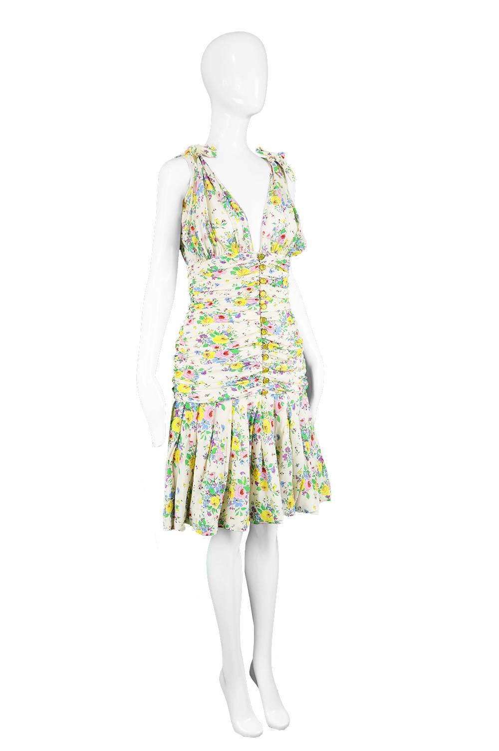 Emanuel Ungaro Vintage Off White Plunging Floral Chiffon Party Dress, 1980s 2