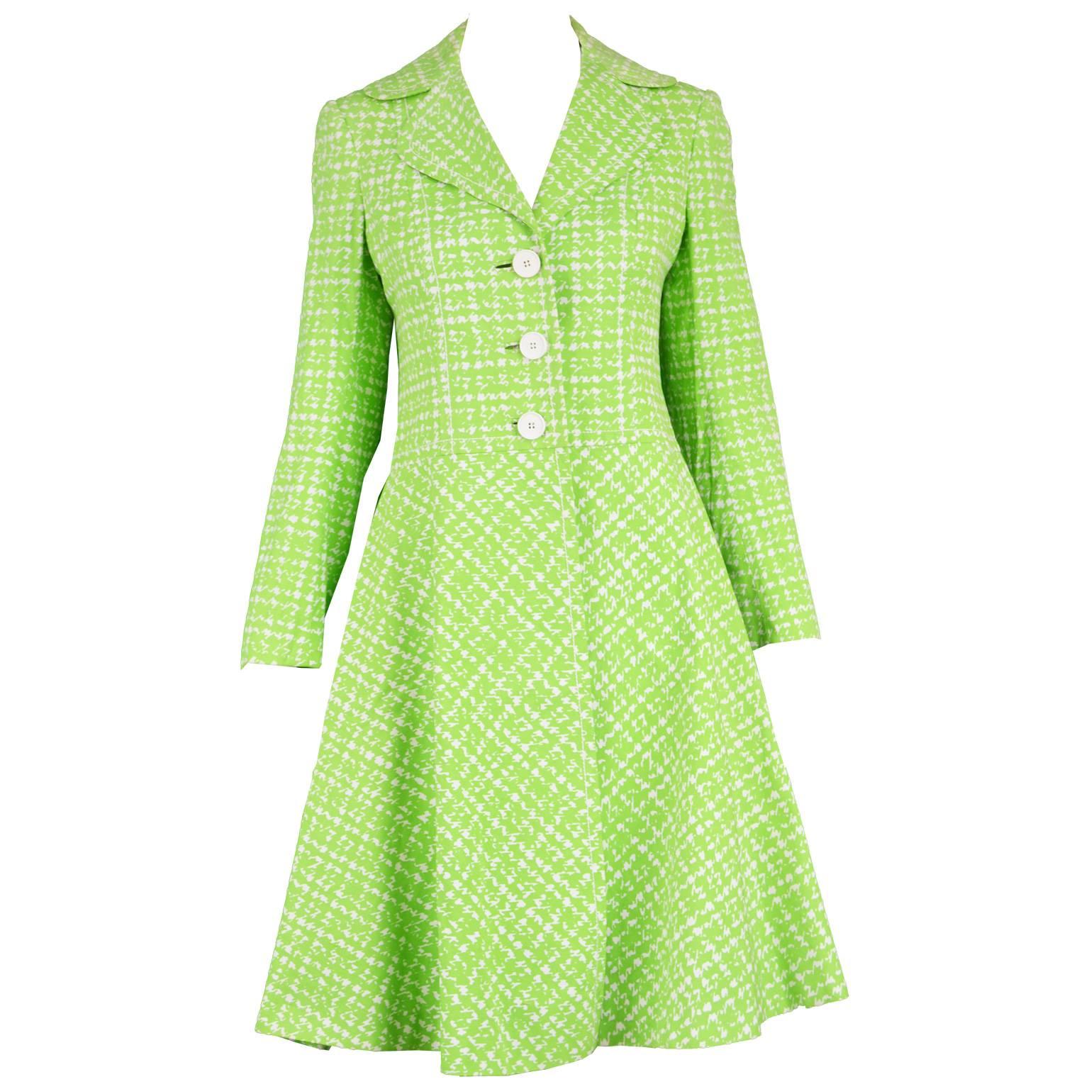 Diorling by Christian Dior London Vintage Green & White Cotton Mod Coat, 1960s