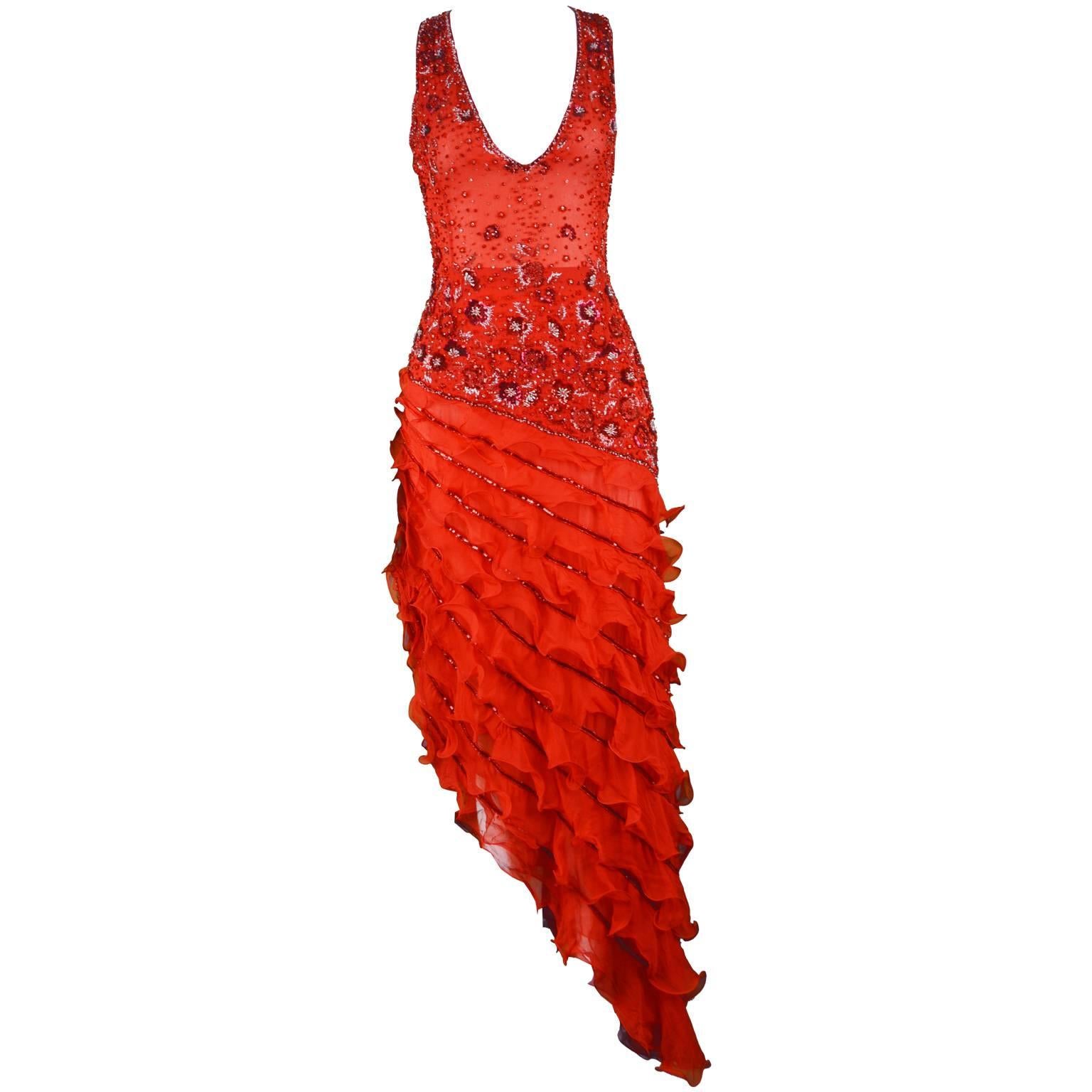 Renato Balestra Italian Haute Couture Beaded Red Silk Flamenco Gown, A / W 1997