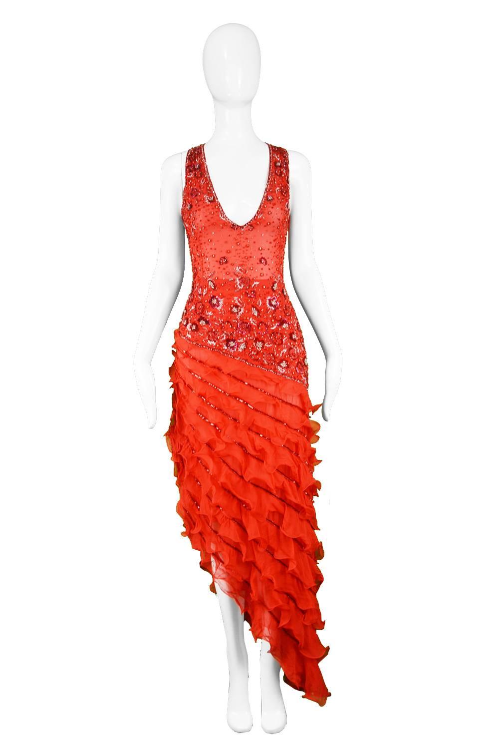 Renato Balestra Italian Haute Couture Beaded Red Silk Flamenco Gown, A/W 1997

Estimated Size: UK 6-8/ US 2-4/ EU 34-36. Please check meaurements
Bust - 32” / 81cm
Waist - 25.5” / 64cm
Hips - 36” / 91cm
Length (Shoulder to Hem) - 60” /
