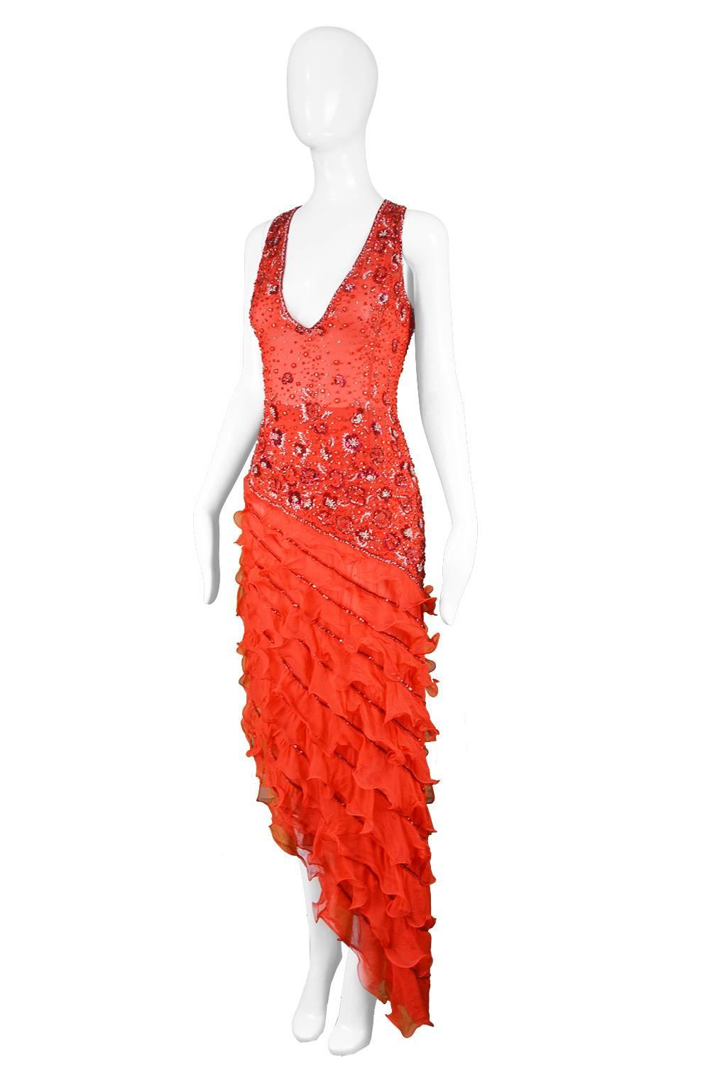 Renato Balestra Italian Haute Couture Beaded Red Silk Flamenco Gown, A / W 1997 1