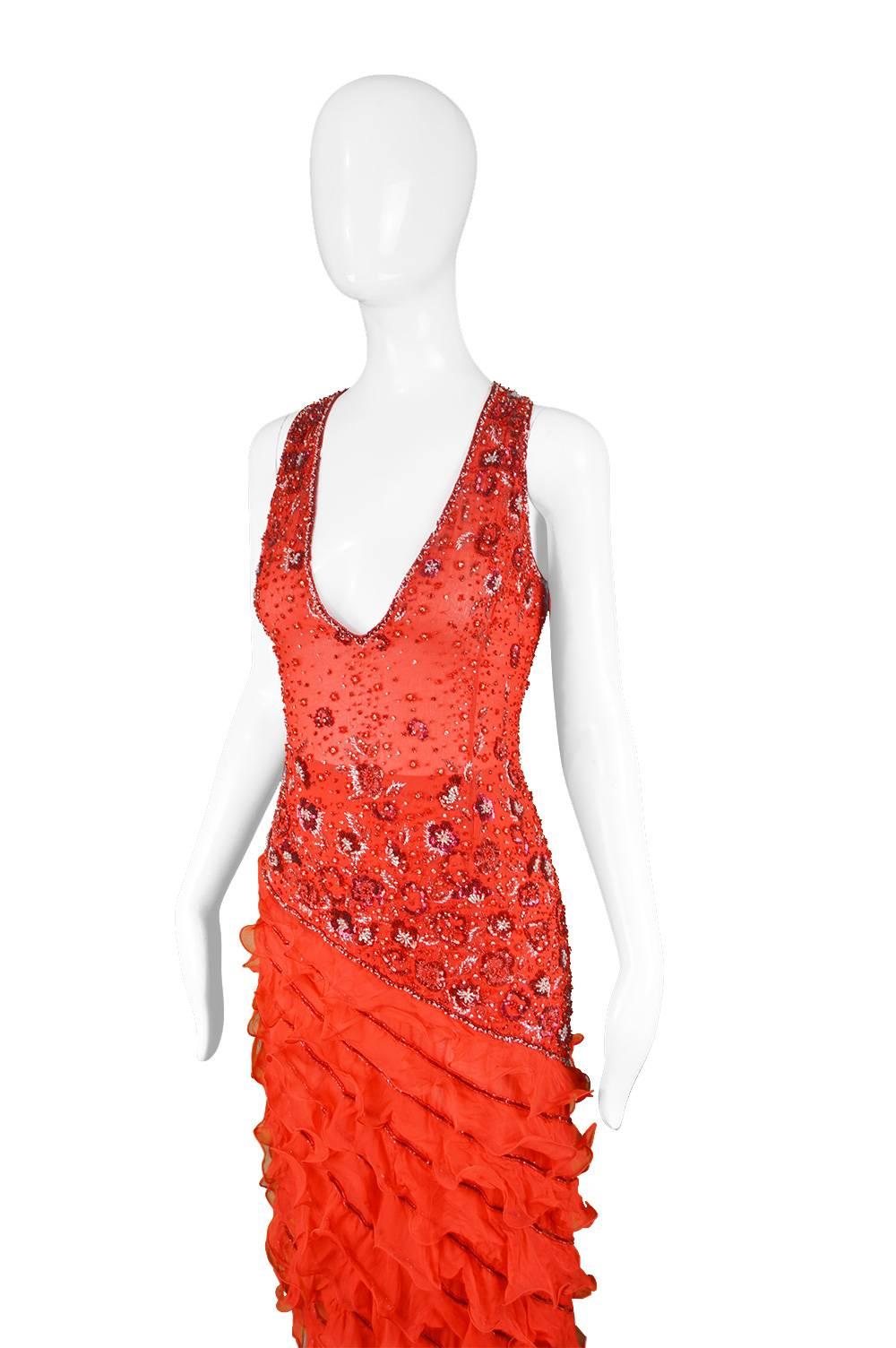 Renato Balestra Italian Haute Couture Beaded Red Silk Flamenco Gown, A / W 1997 2