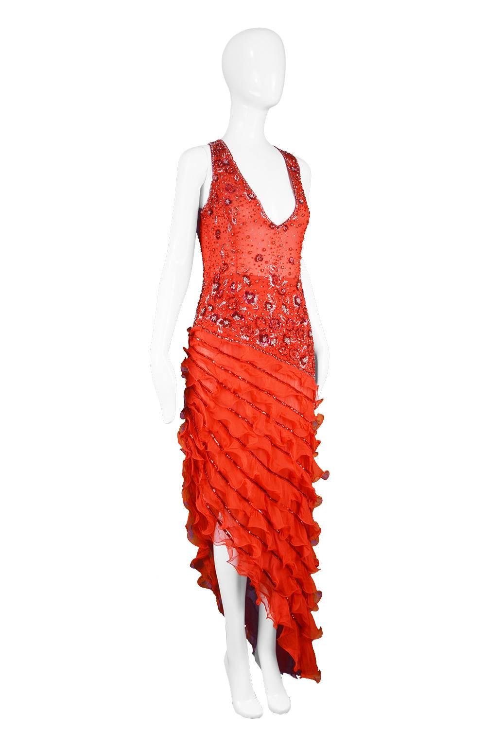 Renato Balestra Italian Haute Couture Beaded Red Silk Flamenco Gown, A / W 1997 3