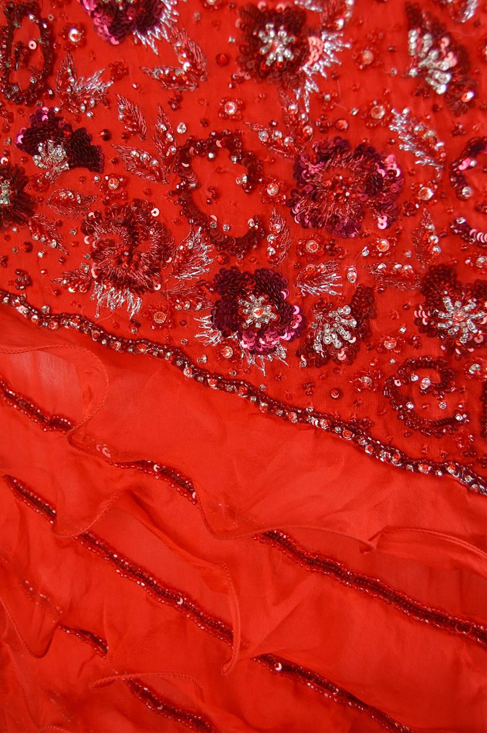 Women's Renato Balestra Italian Haute Couture Beaded Red Silk Flamenco Gown, A / W 1997