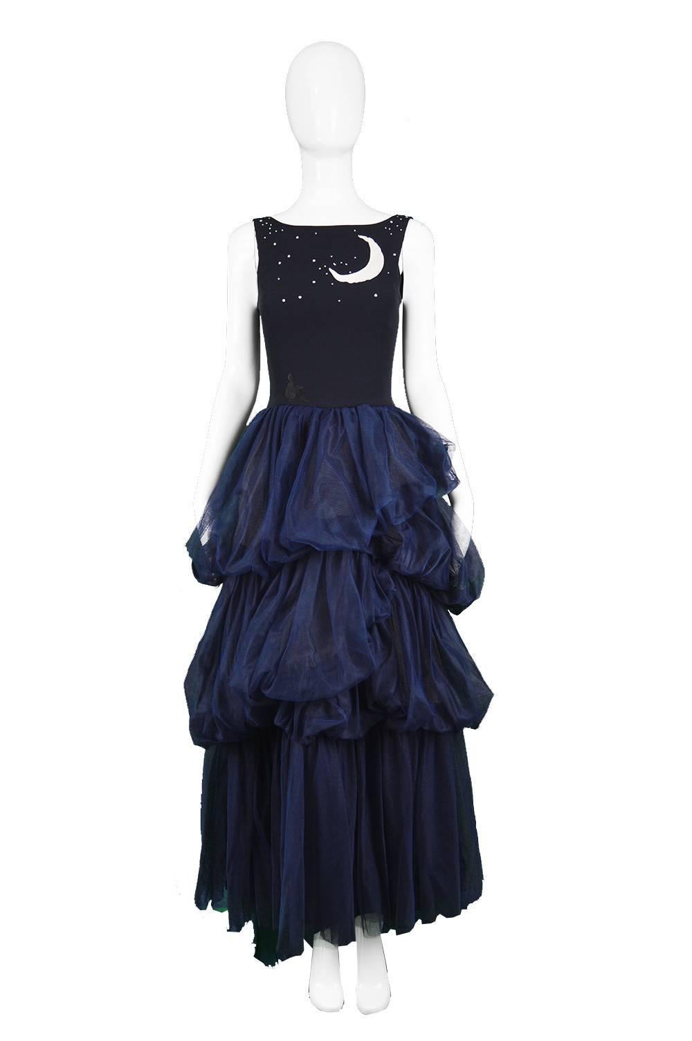 Moschino Vintage Midnight Blue Crepe & Tulle Embroidered Gown, 1990s

Size: UK 8/ US 4/ EU 36. Please check measurements.
Bust - 32” / 81cm
Underbust - 28” / 71cm
Shoulder to Waist - 15” / 38cm
Waist - 26” / 66cm
Hips - Up to 46” / 117cm
Length