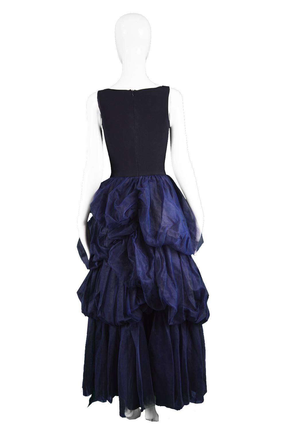 Moschino Vintage Midnight Blue Crepe & Tulle Embroidered Gown, 1990s 2