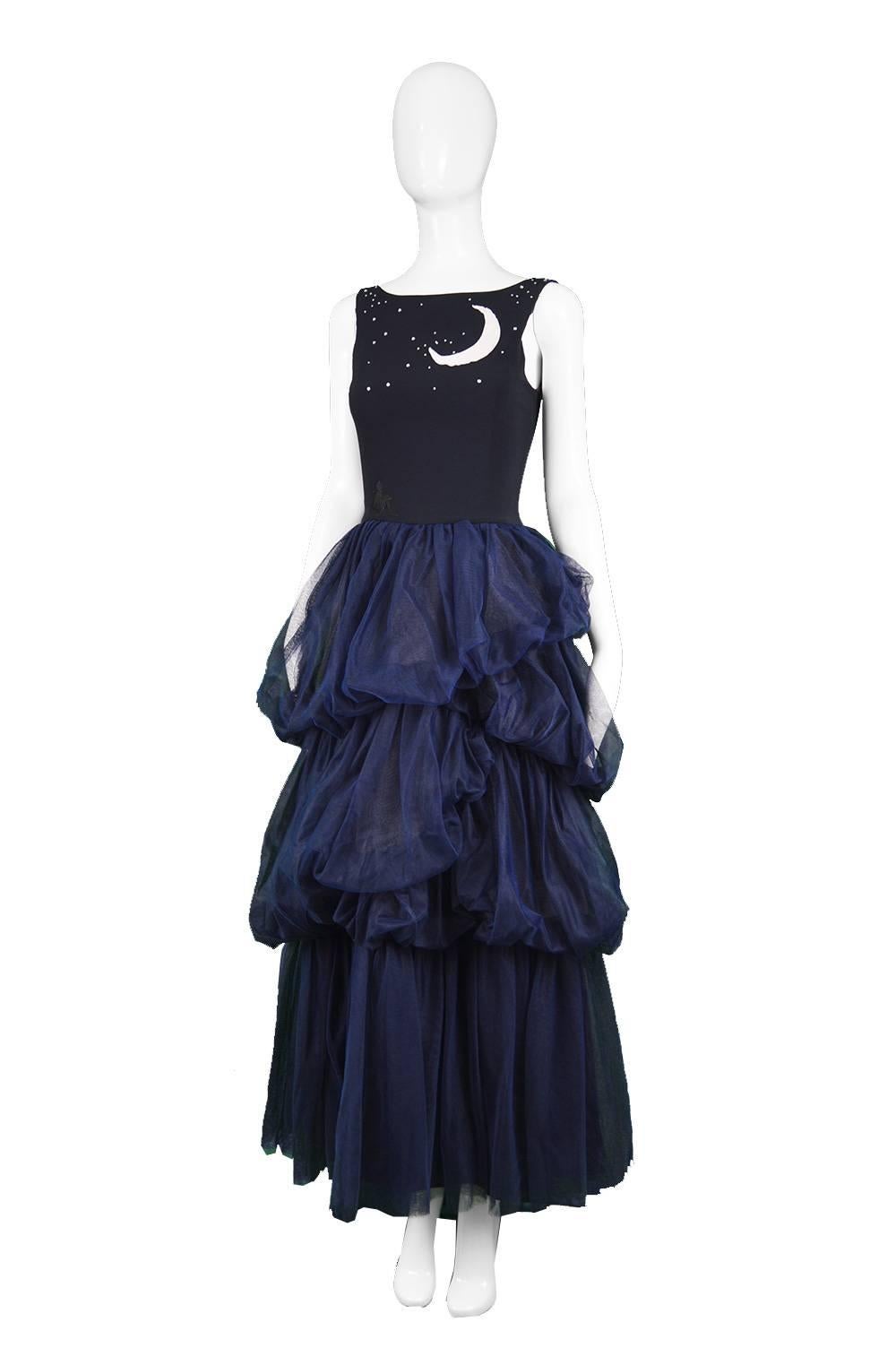 Women's Moschino Vintage Midnight Blue Crepe & Tulle Embroidered Gown, 1990s