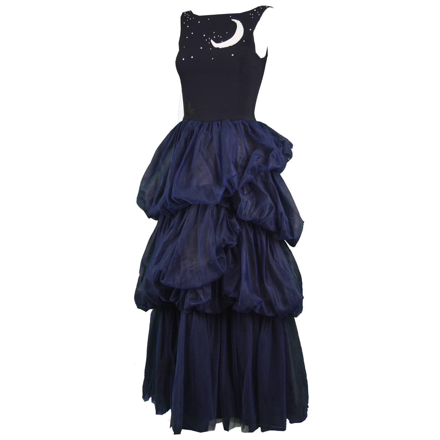 Moschino Vintage Midnight Blue Crepe & Tulle Embroidered Gown, 1990s