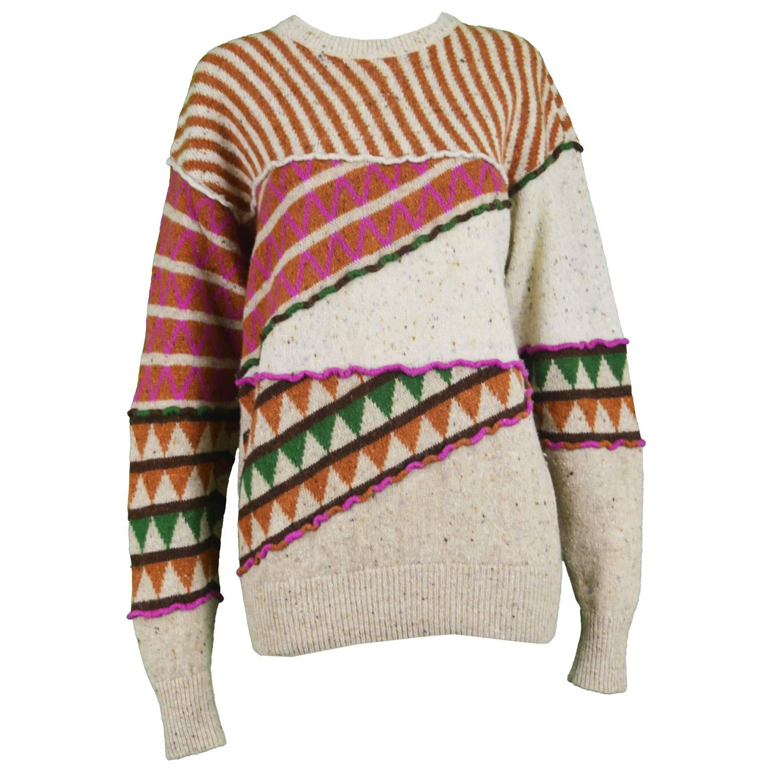 Issey Miyake Vintage 1980s Intarsia Knit Textured Slouchy Wool Tribal Sweater