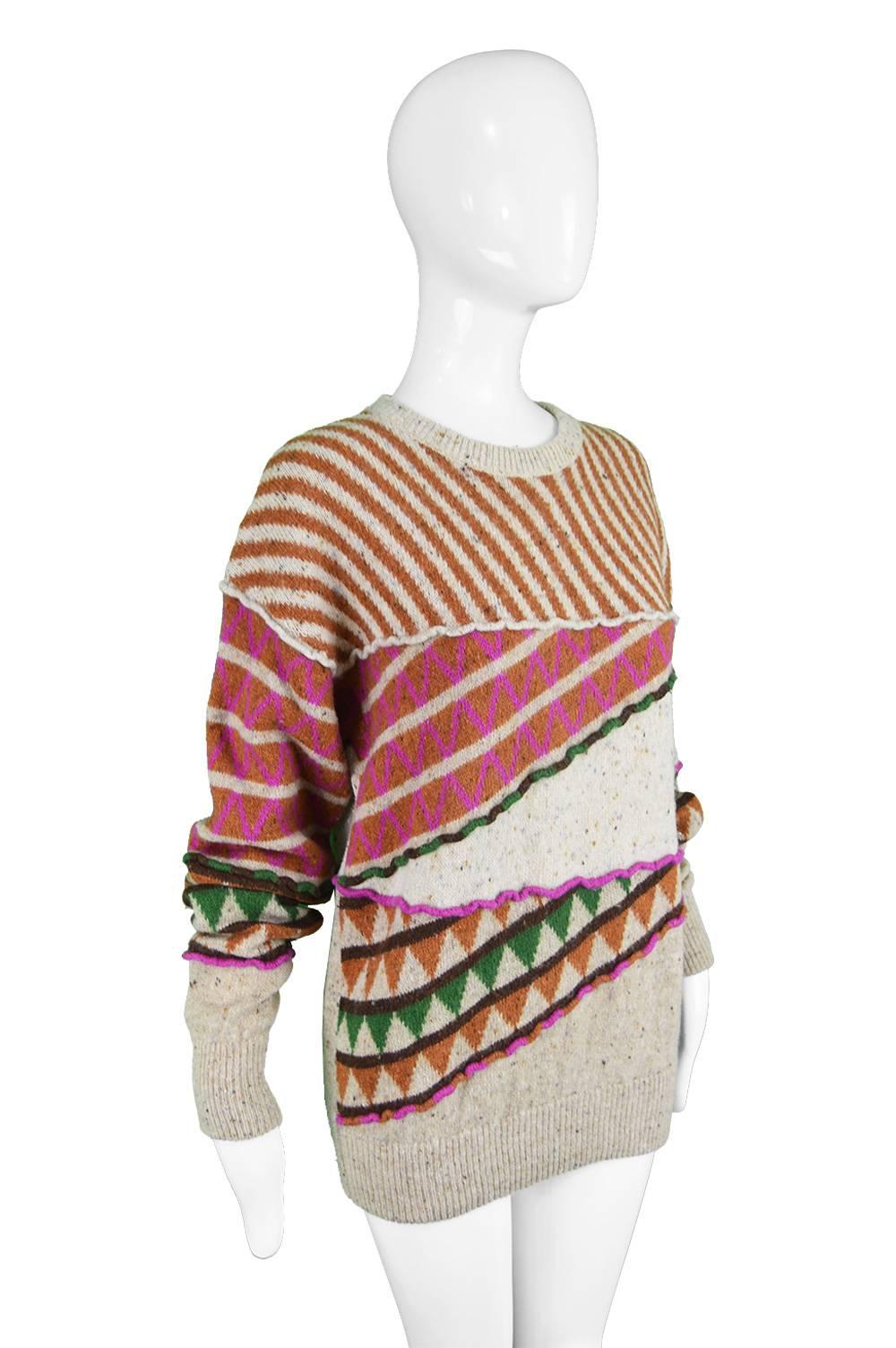 Issey Miyake Vintage 1980s Intarsia Knit Textured Slouchy Wool Tribal Sweater In Excellent Condition In Doncaster, South Yorkshire