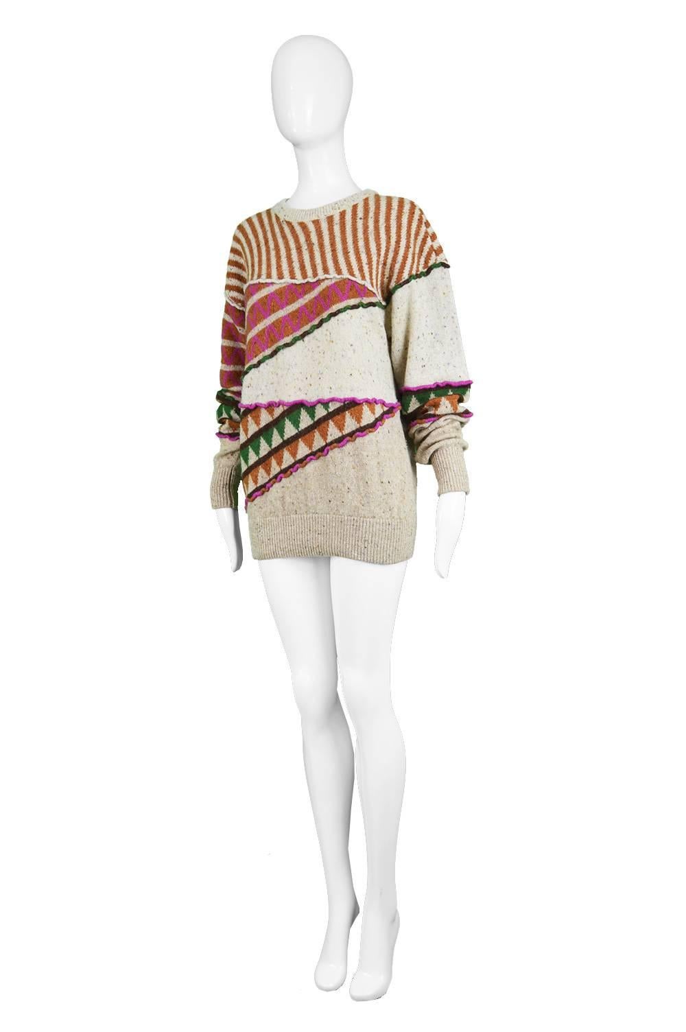 Beige Issey Miyake Vintage 1980s Intarsia Knit Textured Slouchy Wool Tribal Sweater