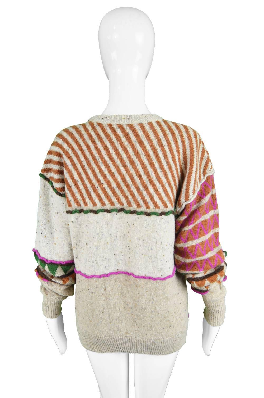 Issey Miyake Vintage 1980s Intarsia Knit Textured Slouchy Wool Tribal Sweater 1