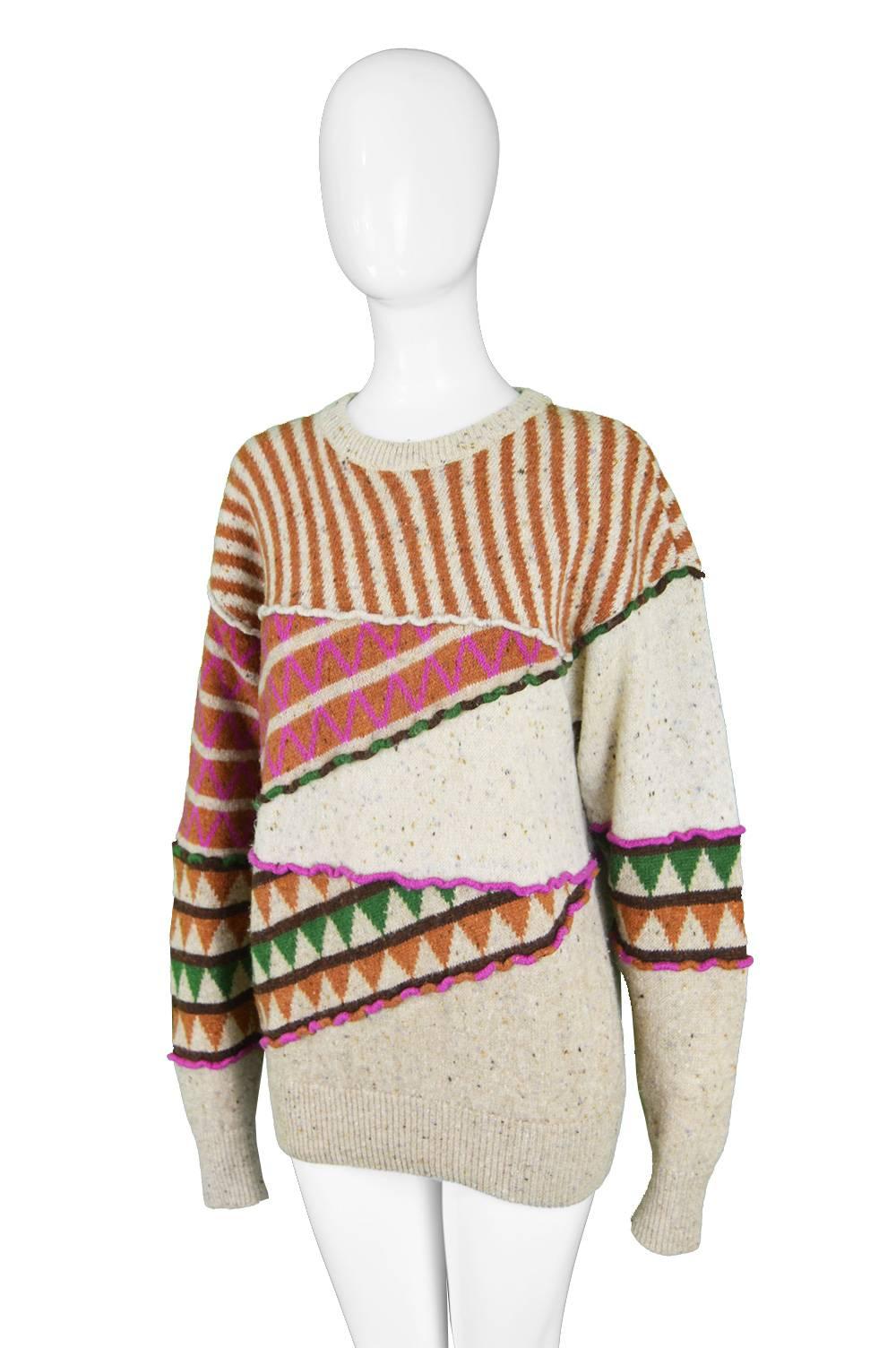 Women's Issey Miyake Vintage 1980s Intarsia Knit Textured Slouchy Wool Tribal Sweater