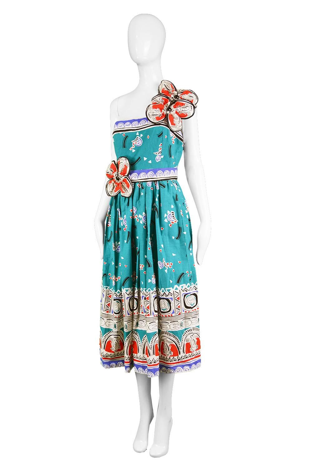 Women's Victor Costa Vintage Turquoise Cotton Tiki Print One Shoulder Day Dress, 1970s For Sale