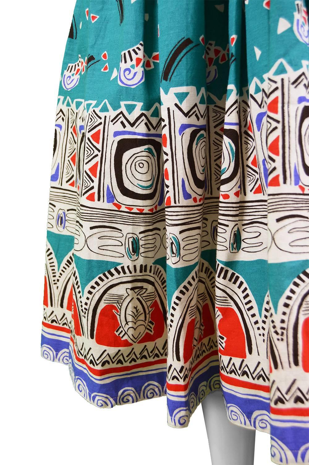 Victor Costa Vintage Turquoise Cotton Tiki Print One Shoulder Day Dress, 1970s In Excellent Condition In Doncaster, South Yorkshire