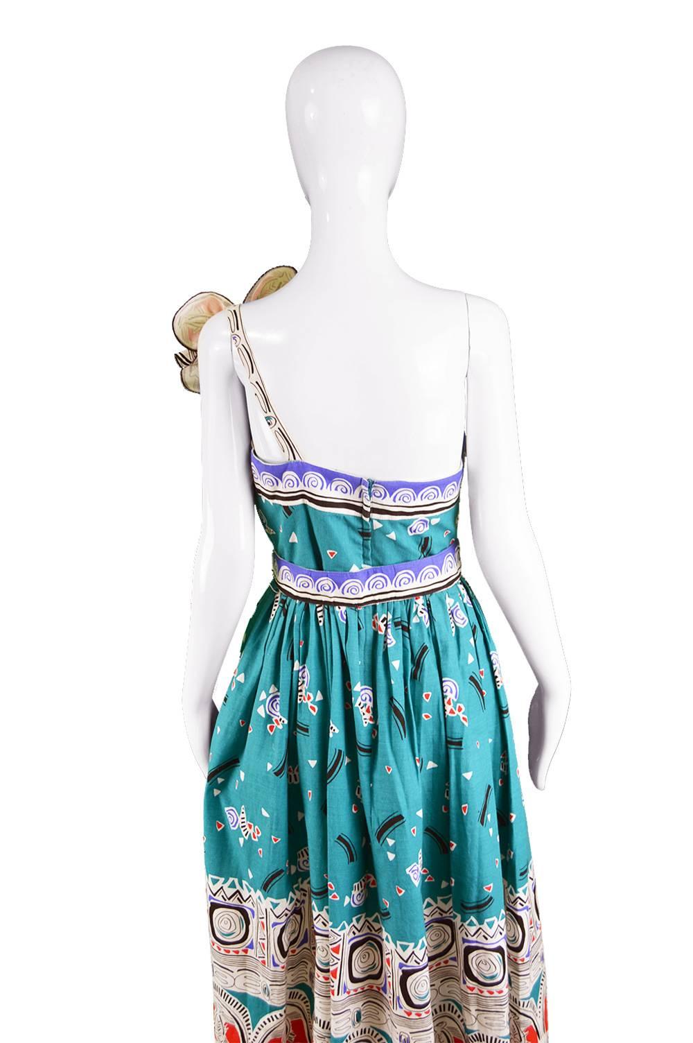 Victor Costa Vintage Turquoise Cotton Tiki Print One Shoulder Day Dress, 1970s For Sale 4