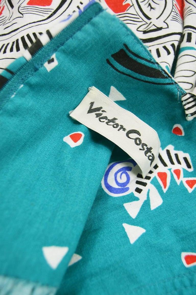 Victor Costa Vintage Turquoise Cotton Tiki Print One Shoulder Day Dress ...