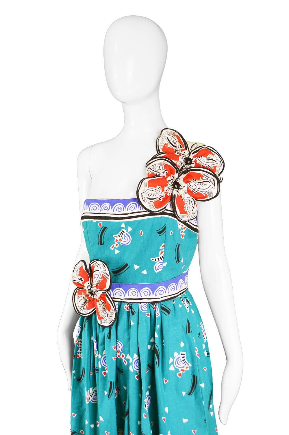 Victor Costa Vintage Turquoise Cotton Tiki Print One Shoulder Day Dress, 1970s For Sale 1