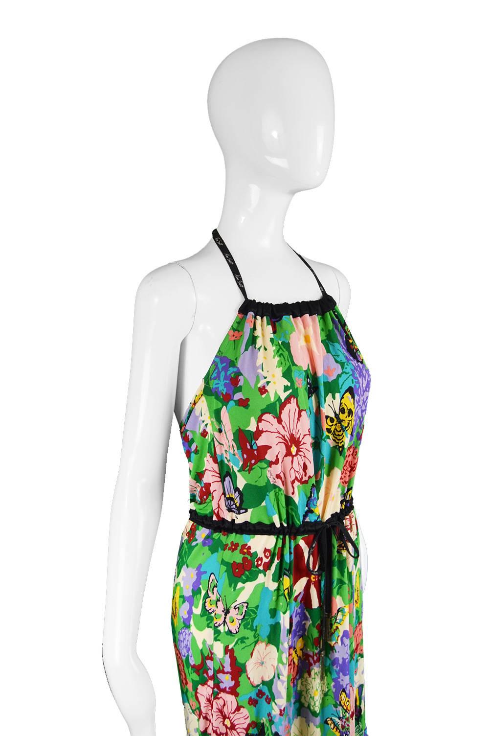 Ken Scott Brightly Printed Tropical Backless Halterneck Jersey Dress

Size: Marked 42 which is roughly a women's UK 14/ US 10 but could also fit smaller due to drawstring waist and tied bust.  
Bust - Up to 38” / 96cm
Waist - Up to 38” / 96cm
Hips -