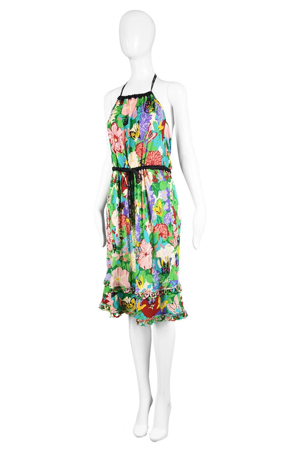 Gray Ken Scott Brightly Printed Tropical Backless Halterneck Jersey Dress For Sale