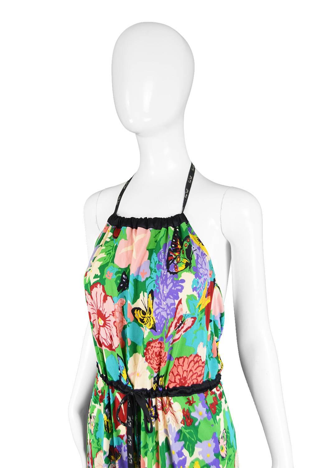 Ken Scott Brightly Printed Tropical Backless Halterneck Jersey Dress In Good Condition For Sale In Doncaster, South Yorkshire