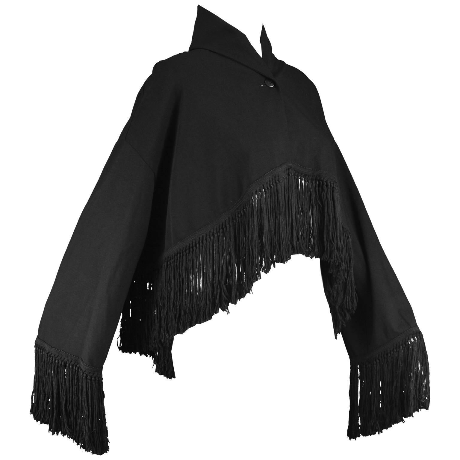 Romeo Gigli for Callaghan Knotted Fringed Black Stretch Wool Jacket, 1990s  For Sale