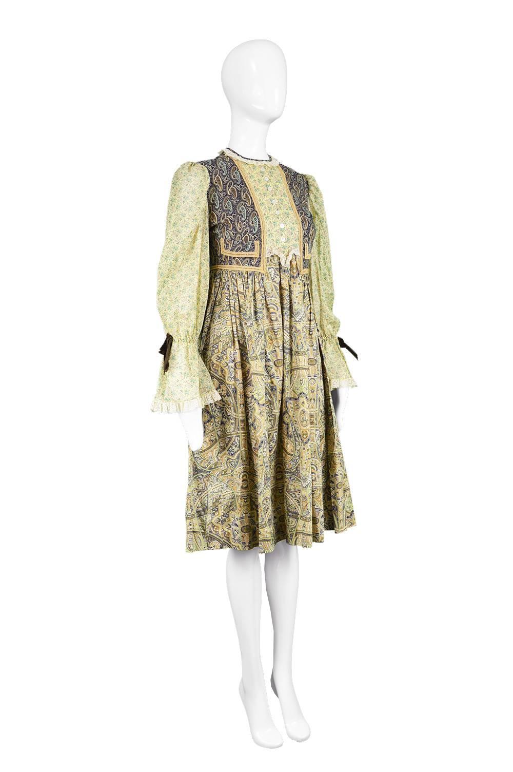 Beige Gina Fratini Vintage Patchwork Fabric Cotton Voile Prairie Dress, 1970s